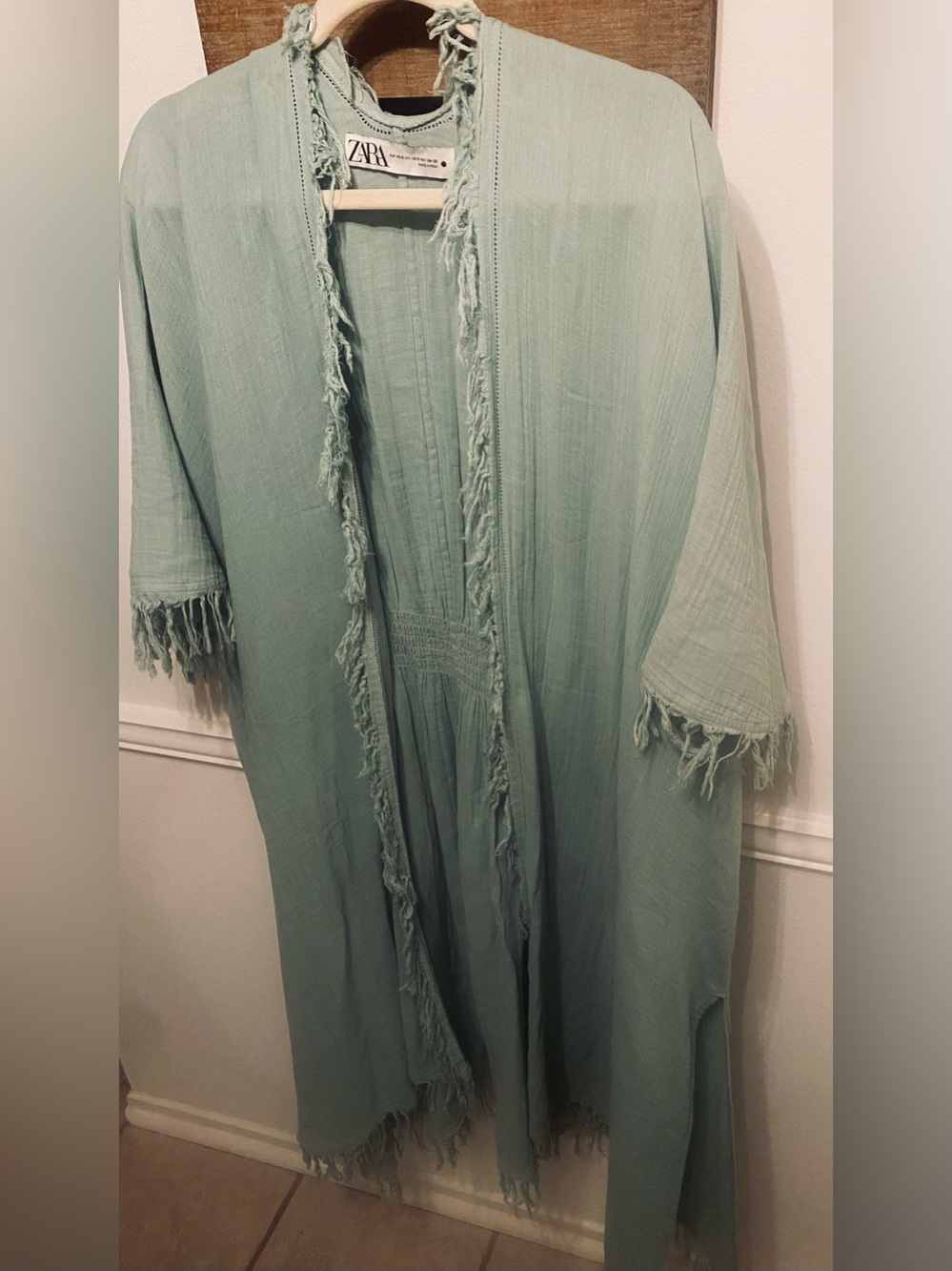 ZARA Long Fringed Light Cotton Duster Kimono Coverup Mint Green Fits S-L